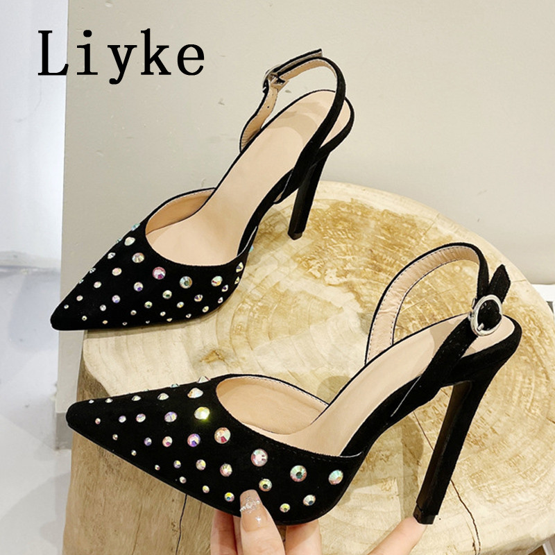 Liyke Veličina 35-42 Štikle Ženske crne cipele na visoku petu Party Prom Cipele Seksi cipele sa kamenčićima na šiljate prste Pumpice s kopčom Remenčići Sandale Ženske