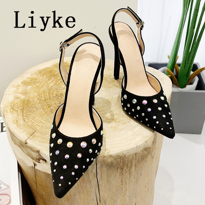 Liyke Veličina 35-42 Štikle Ženske crne cipele na visoku petu Party Prom Cipele Seksi cipele sa kamenčićima na šiljate prste Pumpice s kopčom Remenčići Sandale Ženske