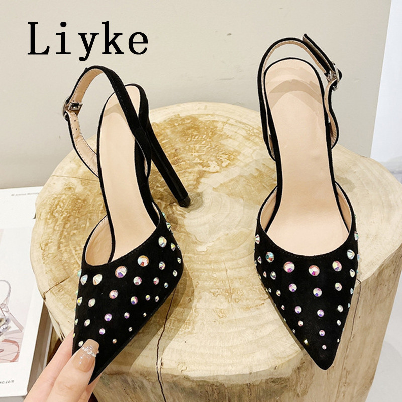 Liyke Veličina 35-42 Štikle Ženske crne cipele na visoku petu Party Prom Cipele Seksi cipele sa kamenčićima na šiljate prste Pumpice s kopčom Remenčići Sandale Ženske