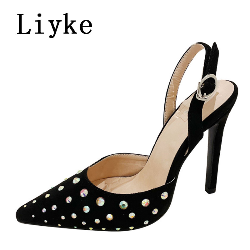 Liyke Veličina 35-42 Štikle Ženske crne cipele na visoku petu Party Prom Cipele Seksi cipele sa kamenčićima na šiljate prste Pumpice s kopčom Remenčići Sandale Ženske