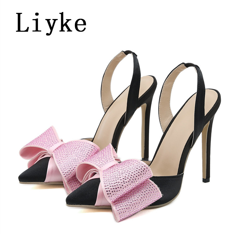 Liyke 2023 Nová móda Krištáľové motýlie uzly so špicatou špičkou Wdding vysoký podpätok Slingback sandále Dámske lodičky Party Stripper Prom Shoe