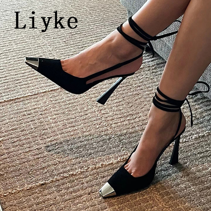 Liyke Seksi Ljetne visoke potpetice s remenčićem za gležnjeve, modne metalne sandale s visokim potpeticama s četvrtastim prstima, ženske cipele na cipele, veličine 35-42