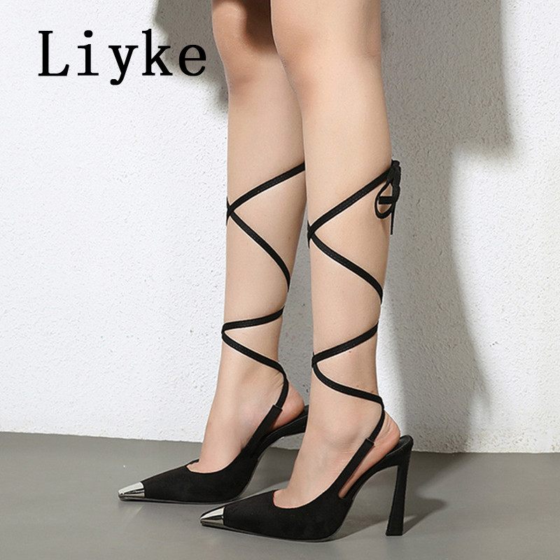 Liyke Seksi Ljetne visoke potpetice s remenčićem za gležnjeve, modne metalne sandale s visokim potpeticama s četvrtastim prstima, ženske cipele na cipele, veličine 35-42