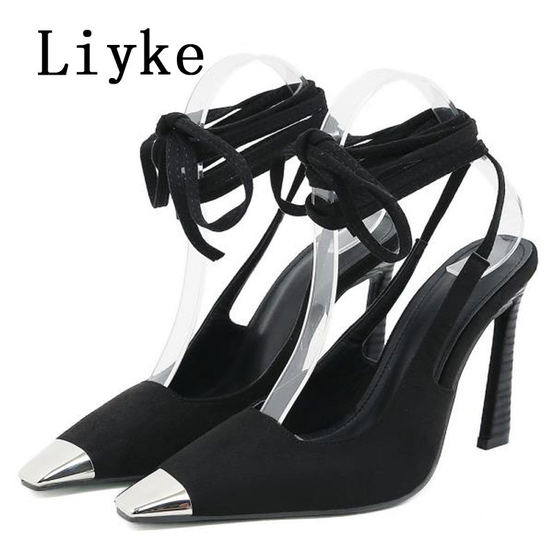 Liyke Seksi Ljetne visoke potpetice s remenčićem za gležnjeve, modne metalne sandale s visokim potpeticama s četvrtastim prstima, ženske cipele na cipele, veličine 35-42