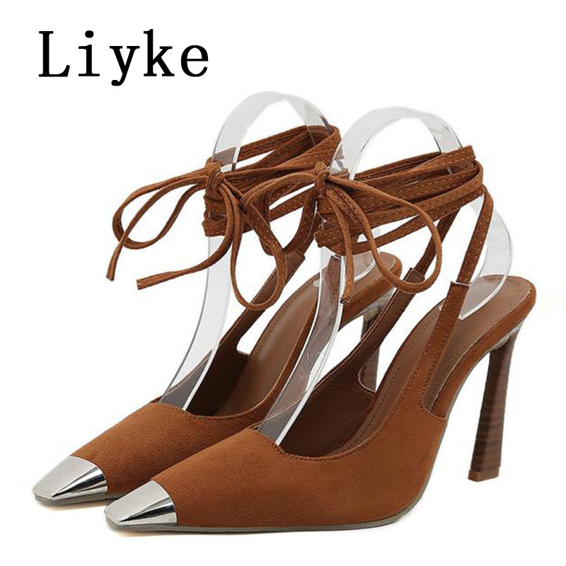 Liyke Seksi Ljetne visoke potpetice s remenčićem za gležnjeve, modne metalne sandale s visokim potpeticama s četvrtastim prstima, ženske cipele na cipele, veličine 35-42