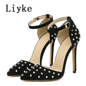 Liyke 2023 Нова марка Дамски помпи Модни сандали с остри пръсти с нитове и високи токчета Секси обувки за стриптийз за нощен клуб Размер 35-42
