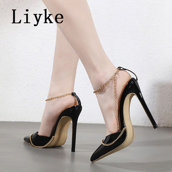 Liyke Spring Style PU Δερμάτινο Γυναικείο Pumps Σανδάλια Σέξι αλυσίδα με λουράκι αστράγαλο με μυτερά δάχτυλα Λεπτά τακούνια Slingback παπούτσια Zapatos Mujer
