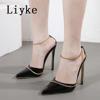 Liyke Spring Style PU Δερμάτινο Γυναικείο Pumps Σανδάλια Σέξι αλυσίδα με λουράκι αστράγαλο με μυτερά δάχτυλα Λεπτά τακούνια Slingback παπούτσια Zapatos Mujer