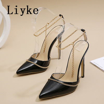 Dámske sandále Liyke v jarnom štýle z umelej kože, sexy, s retiazkou a špicatou špičkou, tenké podpätky s remienkom na členku, s remienkom vzadu, Zapatos Mujer