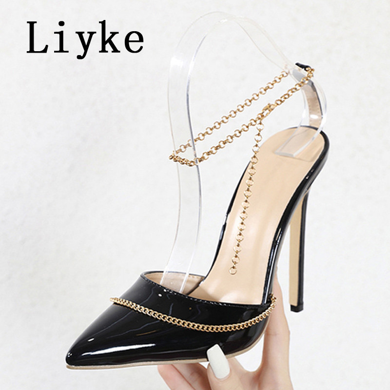 Dámske sandále Liyke v jarnom štýle z umelej kože, sexy, s retiazkou a špicatou špičkou, tenké podpätky s remienkom na členku, s remienkom vzadu, Zapatos Mujer