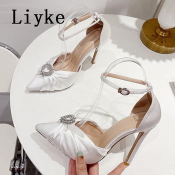 Liyke Нов дизайн Плисирани сатенени дамски помпи Секси кристални катарама с остри пръсти Мулета с високи токчета Сватбени банкетни обувки Zapatos Mujer