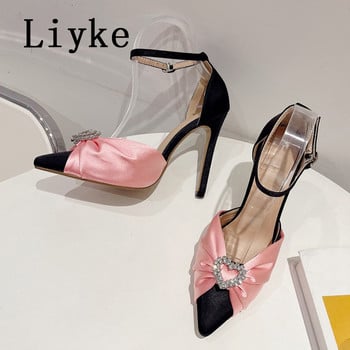 Liyke Нов дизайн Плисирани сатенени дамски помпи Секси кристални катарама с остри пръсти Мулета с високи токчета Сватбени банкетни обувки Zapatos Mujer