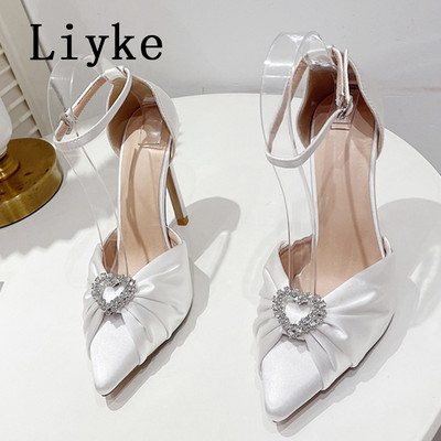 Liyke New Design Plisat Satin Femei Pompe Sexy Cristal Catarama Varf Ascutit Catâri Toc Înalt Pantofi pentru banchet de nuntă Zapatos Mujer