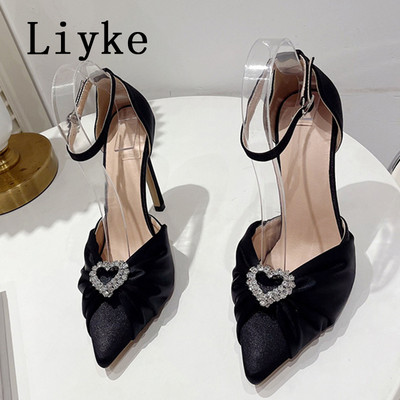 Liyke New Design Plisat Satin Femei Pompe Sexy Cristal Catarama Varf Ascutit Catâri Toc Înalt Pantofi pentru banchet de nuntă Zapatos Mujer