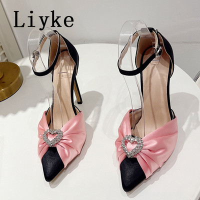 Liyke New Design Plisat Satin Femei Pompe Sexy Cristal Catarama Varf Ascutit Catâri Toc Înalt Pantofi pentru banchet de nuntă Zapatos Mujer