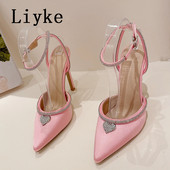 Dámske sandále s krištáľovým remienkom na členku Liyke, sexy, s kamienkami, na vysokých podpätkoch, v štýle móla, s trblietkami a kamienkami v tvare srdca.