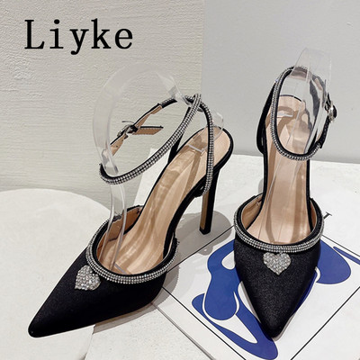 Dámske sandále s krištáľovým remienkom na členku Liyke, sexy, s kamienkami, na vysokých podpätkoch, v štýle móla, s trblietkami a kamienkami v tvare srdca.