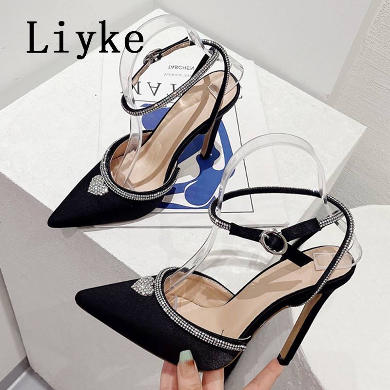 Dámske sandále s krištáľovým remienkom na členku Liyke, sexy, s kamienkami, na vysokých podpätkoch, v štýle móla, s trblietkami a kamienkami v tvare srdca.