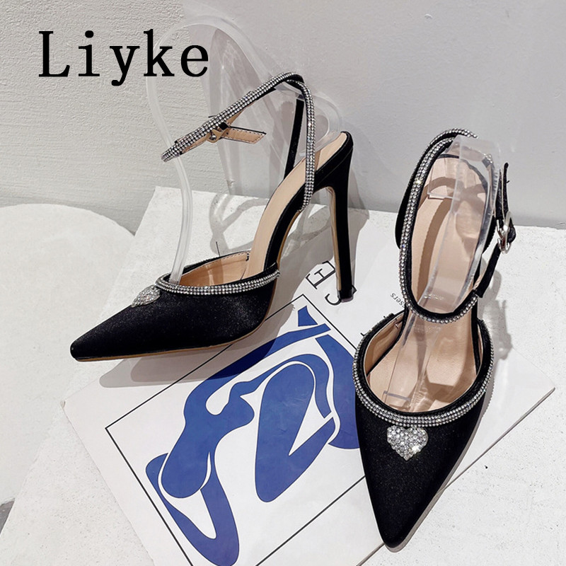 Dámske sandále s krištáľovým remienkom na členku Liyke, sexy, s kamienkami, na vysokých podpätkoch, v štýle móla, s trblietkami a kamienkami v tvare srdca.