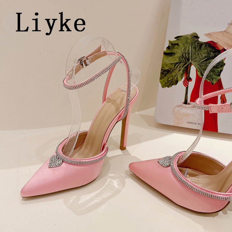 Dámske sandále s krištáľovým remienkom na členku Liyke, sexy, s kamienkami, na vysokých podpätkoch, v štýle móla, s trblietkami a kamienkami v tvare srdca.