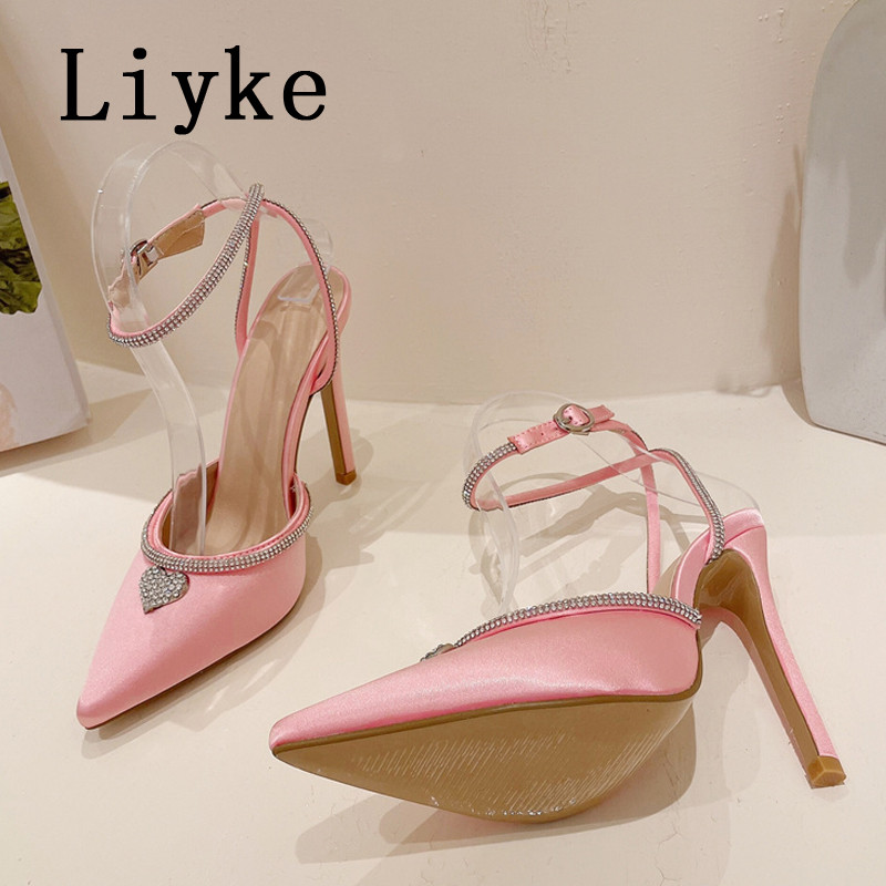 Dámske sandále s krištáľovým remienkom na členku Liyke, sexy, s kamienkami, na vysokých podpätkoch, v štýle móla, s trblietkami a kamienkami v tvare srdca.