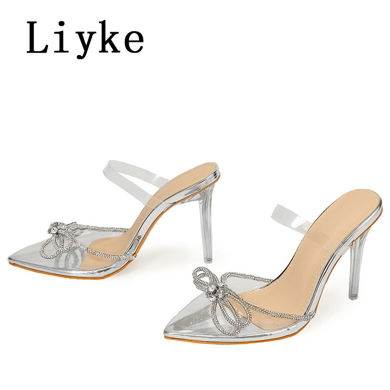 Liyke Dimensiune 35-42 Tocuri înalte cu strasuri, femei, sexy, cu fundă de cristal, cu vârf ascuțit, pantofi transparenti, sandale, rochie de damă, papuci, papuci