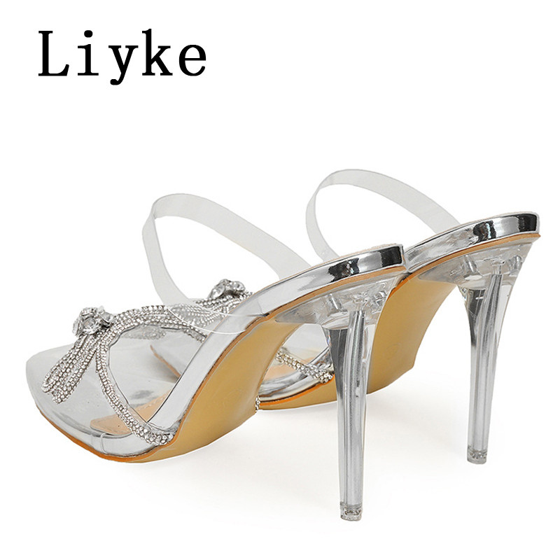 Liyke Dimensiune 35-42 Tocuri înalte cu strasuri, femei, sexy, cu fundă de cristal, cu vârf ascuțit, pantofi transparenti, sandale, rochie de damă, papuci, papuci
