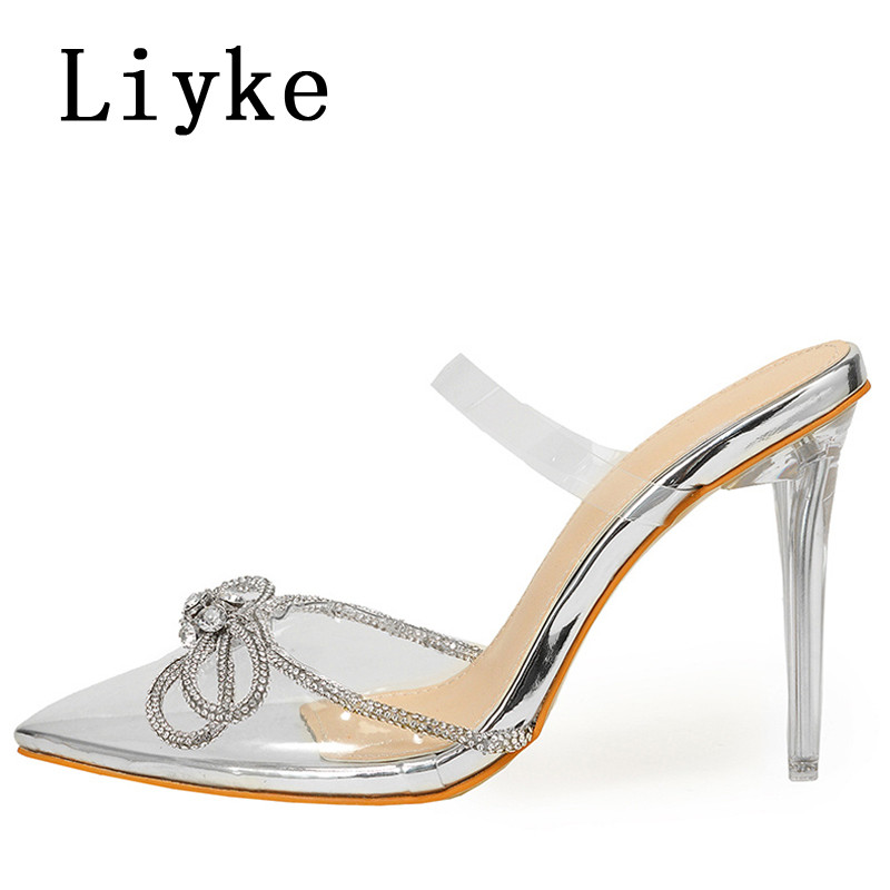 Liyke Dimensiune 35-42 Tocuri înalte cu strasuri, femei, sexy, cu fundă de cristal, cu vârf ascuțit, pantofi transparenti, sandale, rochie de damă, papuci, papuci