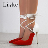 Liyke Elegantné párty Svadobné plesové vysoké podpätky Dámske sexy červené špicaté špičky šnurovacie sandále na jehlovom podpätku Topánky Dámske lodičky Veľkosť 35-42