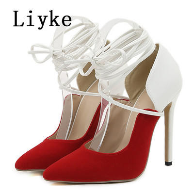 Liyke Elegantné párty Svadobné plesové vysoké podpätky Dámske sexy červené špicaté špičky šnurovacie sandále na jehlovom podpätku Topánky Dámske lodičky Veľkosť 35-42