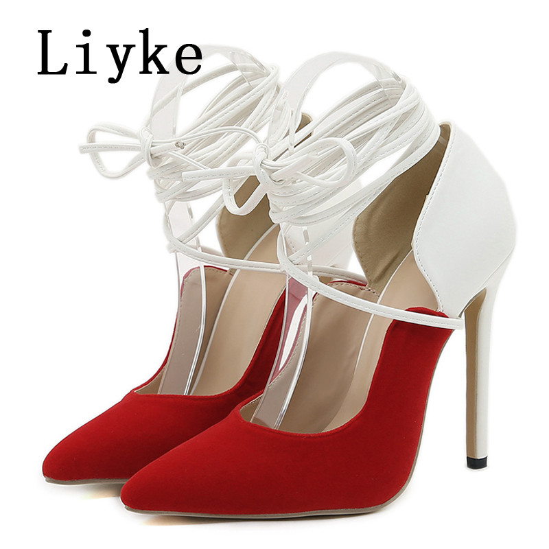 Liyke Elegantné párty Svadobné plesové vysoké podpätky Dámske sexy červené špicaté špičky šnurovacie sandále na jehlovom podpätku Topánky Dámske lodičky Veľkosť 35-42
