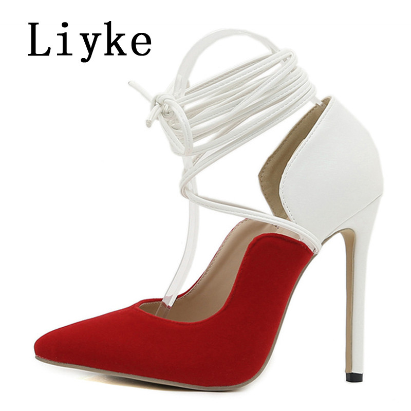 Liyke Elegantné párty Svadobné plesové vysoké podpätky Dámske sexy červené špicaté špičky šnurovacie sandále na jehlovom podpätku Topánky Dámske lodičky Veľkosť 35-42