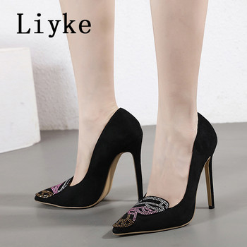 Liyke 2023 Нови помпи Дамски обувки Stiletto Fashion Color Crystal Rhinestones Секси заострени пръсти Stripper Heels Парти женски сандали