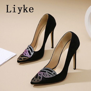 Liyke 2023 Нови помпи Дамски обувки Stiletto Fashion Color Crystal Rhinestones Секси заострени пръсти Stripper Heels Парти женски сандали