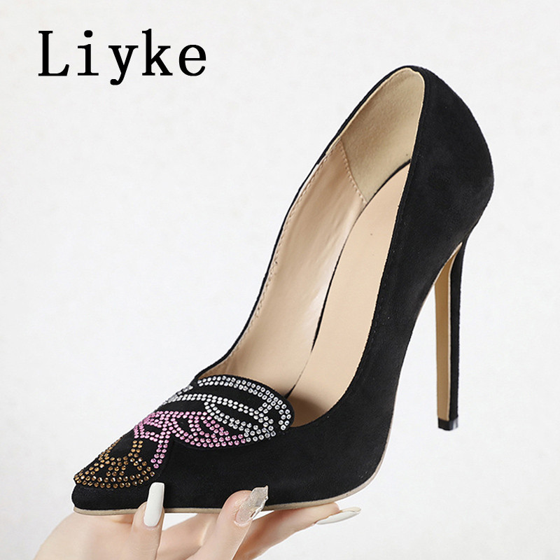 Liyke 2023 Nové dámske lodičky na jehlovom podpätku, módne farebné krištáľové kamienky, sexy špicaté špičky, striptérske podpätky, párty dámske sandále