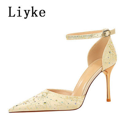 Liyke Dimensiune 34-43 Sexy cu cureaua de cristal la gleznă pentru femei Pompe de modă cu strasuri, cu vârf ascuțit, cu tocuri stiletto, pantofi de bal de nuntă