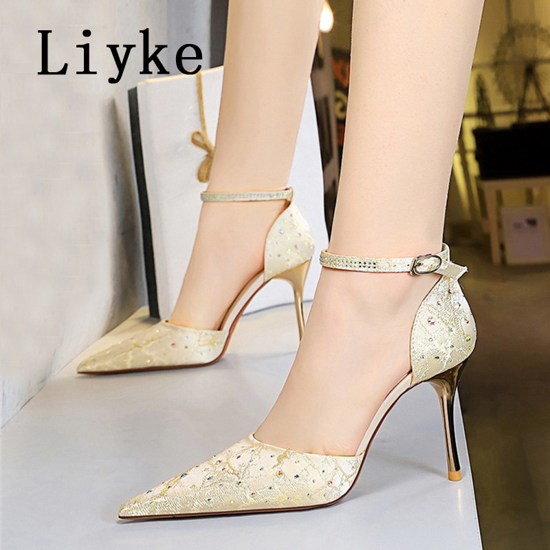Liyke Dimensiune 34-43 Sexy cu cureaua de cristal la gleznă pentru femei Pompe de modă cu strasuri, cu vârf ascuțit, cu tocuri stiletto, pantofi de bal de nuntă