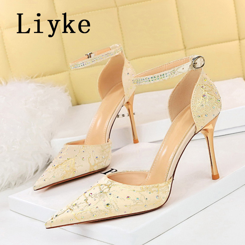 Liyke Dimensiune 34-43 Sexy cu cureaua de cristal la gleznă pentru femei Pompe de modă cu strasuri, cu vârf ascuțit, cu tocuri stiletto, pantofi de bal de nuntă