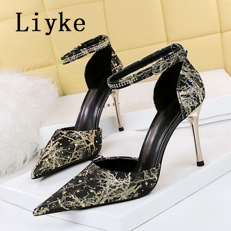Liyke Dimensiune 34-43 Sexy cu cureaua de cristal la gleznă pentru femei Pompe de modă cu strasuri, cu vârf ascuțit, cu tocuri stiletto, pantofi de bal de nuntă