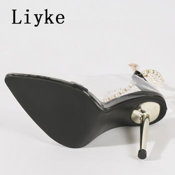 Liyke PVC прозрачни обувки за жени, помпи, моден дизайн, бяла струна, мъниста, каишка за глезена, сандали тип стилет, метални високи токчета, муле