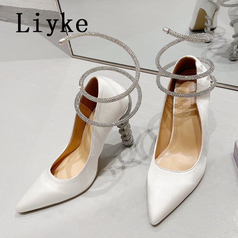 Liyke 2023 Nová móda Dámske lodičky s krištáľovým remienkom na členku, fialové hodvábne špicaté špičky s kamienkami na vysokých podpätkoch, párty, banket, jehlové topánky