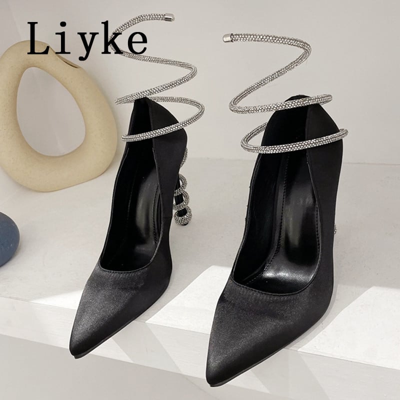 Liyke 2023 Nová móda Dámske lodičky s krištáľovým remienkom na členku, fialové hodvábne špicaté špičky s kamienkami na vysokých podpätkoch, párty, banket, jehlové topánky