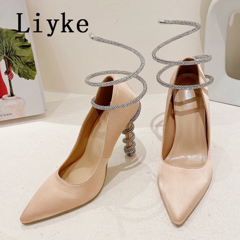 Liyke 2023 Nová móda Dámske lodičky s krištáľovým remienkom na členku, fialové hodvábne špicaté špičky s kamienkami na vysokých podpätkoch, párty, banket, jehlové topánky