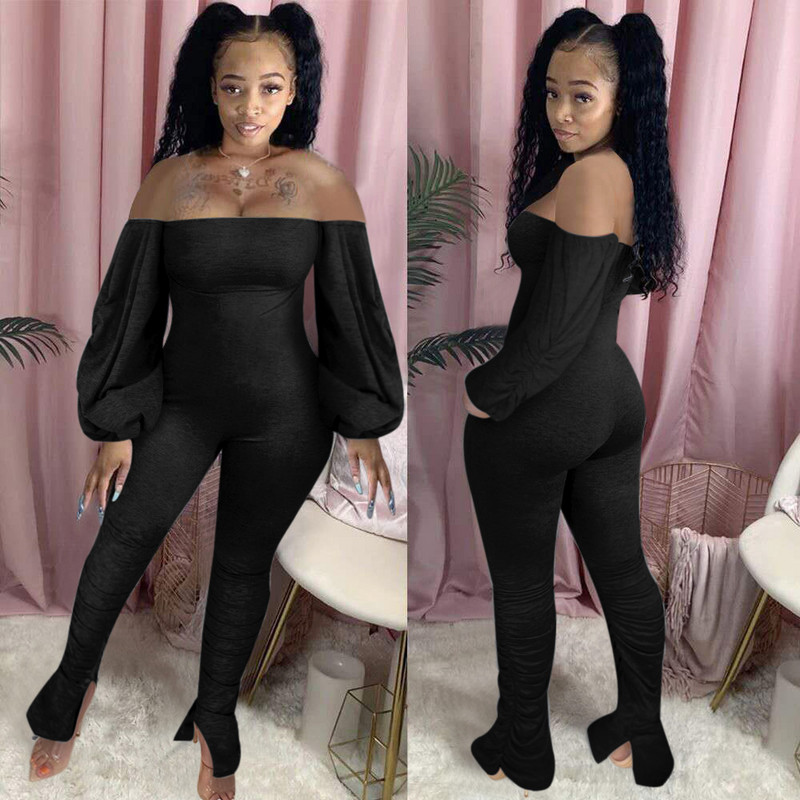 Sexy dámske nohavice s odhalenými ramenami, skladanými bublinovými rukávmi, mikro rohovinami, dámske slim fit nohavice, plus veľkosť, čierna, modrá, sivá, žltá