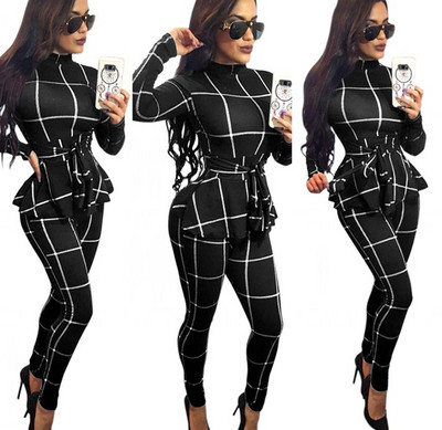 Ženski modni radni kombinezon plus XXL veličina, karirani jesenski uski kombinezon s printom i remenom, kombinezon s dolčevitom