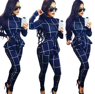 Ženski modni radni kombinezon plus XXL veličina, karirani jesenski uski kombinezon s printom i remenom, kombinezon s dolčevitom