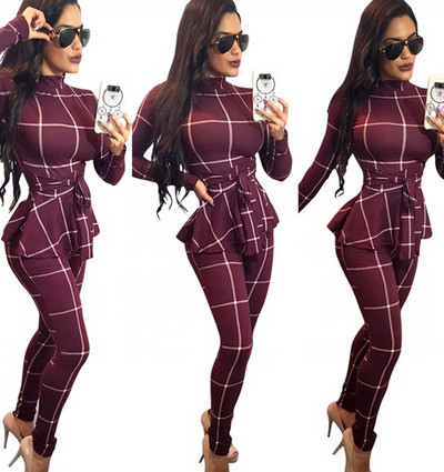 Ženski modni radni kombinezon plus XXL veličina, karirani jesenski uski kombinezon s printom i remenom, kombinezon s dolčevitom