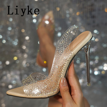 Liyke Секси обувки с отворени пръсти със заострени пръсти Дамски помпи PVC прозрачни сандали с кристални кристали Парти клубни стриптизьорски обувки
