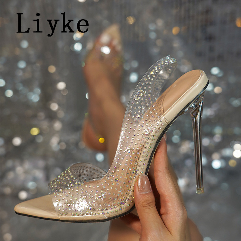 Liyke, pantofi sexy cu vârf deschis, pantofi pentru femei, pantofi cu strasuri de cristal, sandale transparente din PVC, pentru cluburi de petrecere, cu tocuri