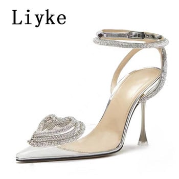 Liyke Пролет Есен Дамски обувки на високи токчета Секси кристални сърца с катарама Прозрачни помпи Сандали Голям размер 43 Дамски обувки Розови